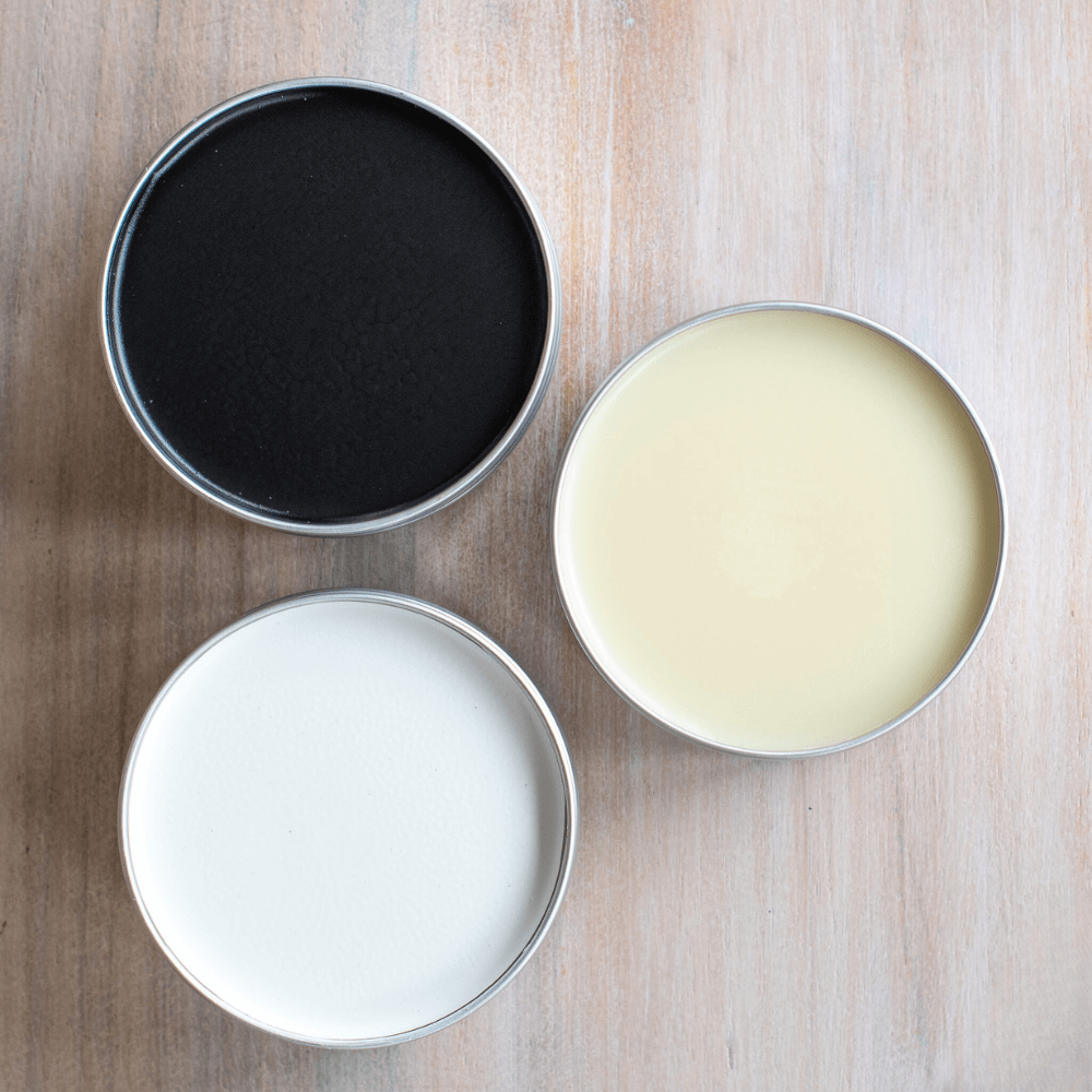 Blake & Taylor Chalk Furniture Paint Natural, White and black Wax with lid off