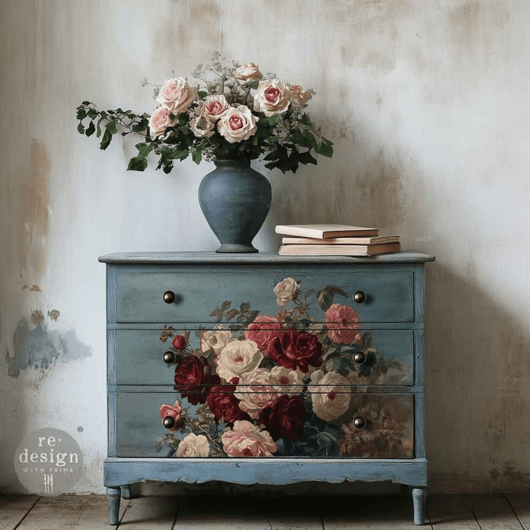 set of drawers decorated with a bouquet of rose decoupage paper