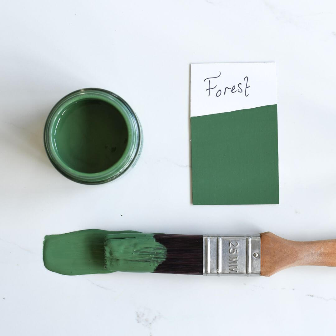 colour swatch and paint brush dipped in 120ml pot of Blake & Taylor Forest Chalk Furniture Paint