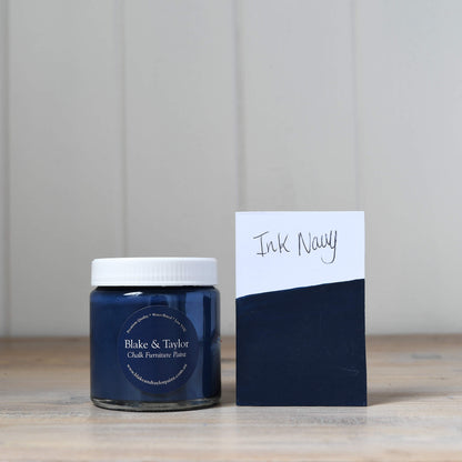 120ml pot of Ink Navy Blake & Taylor Chalk Furniture Paint and matching swatch