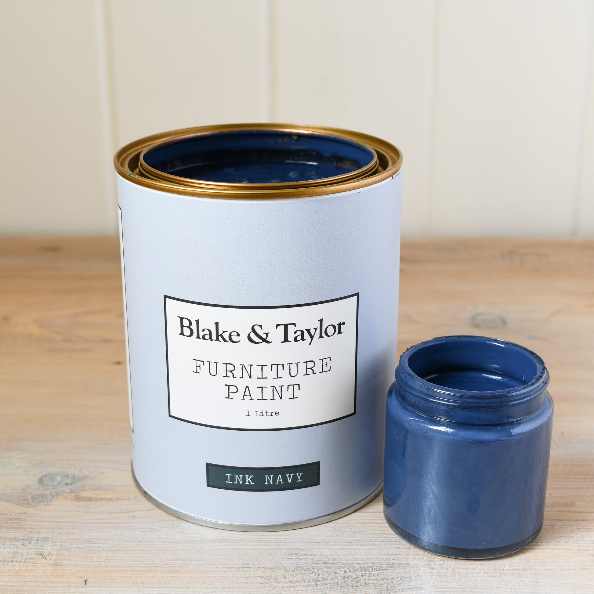 1 litre tin and 120ml pot of Inky Navy Blake & Taylor Chalk Furniture Paint