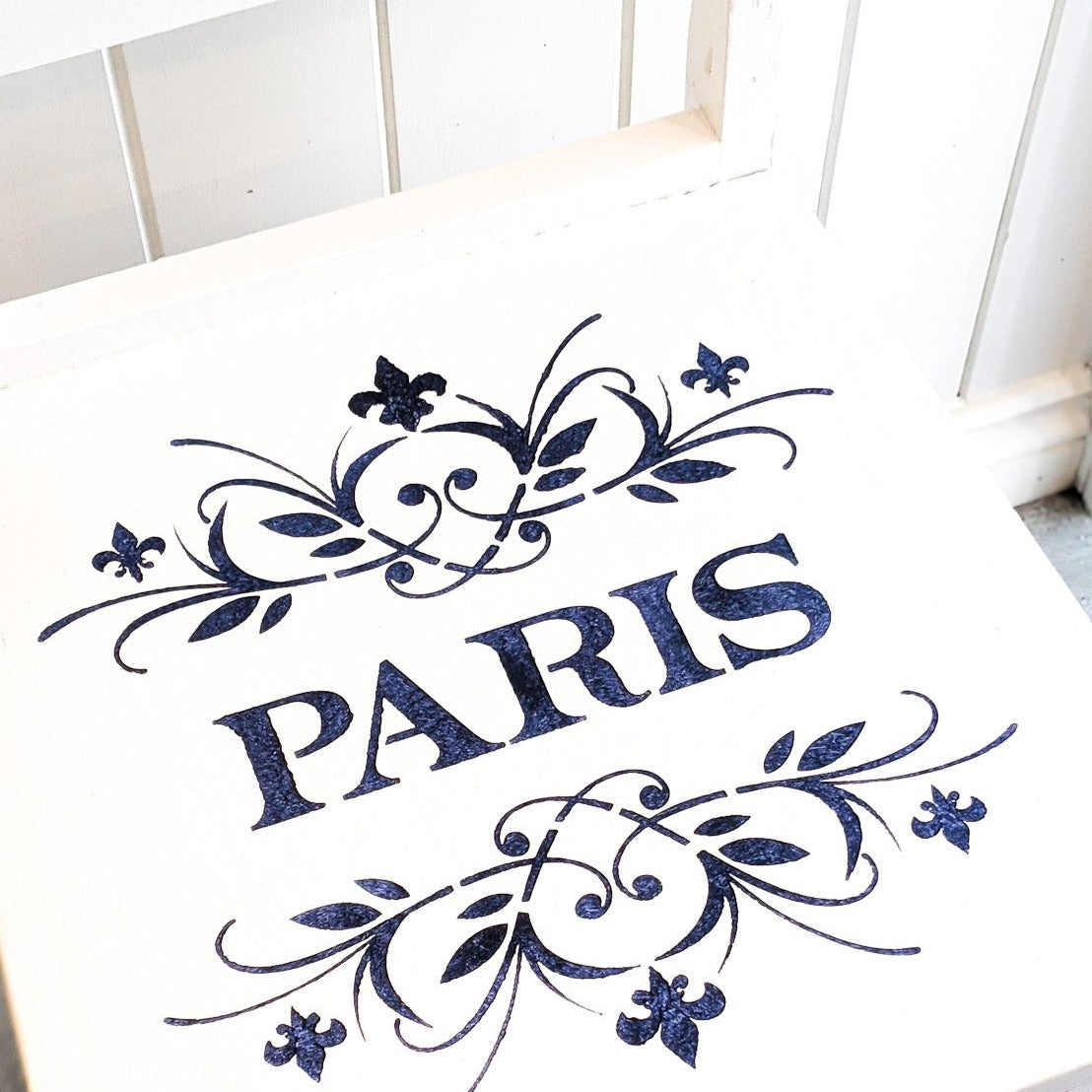 Chair painted with Blake & Taylor Chalk Furniture Paint colour New White with Paris navy stencil