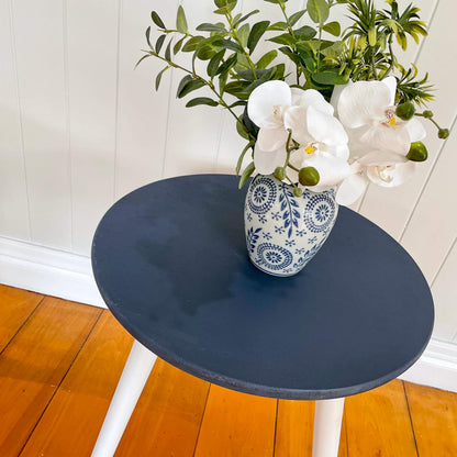 small round table painted Ink Navy and New White using Blake & Taylor Chalk Furniture Paint
