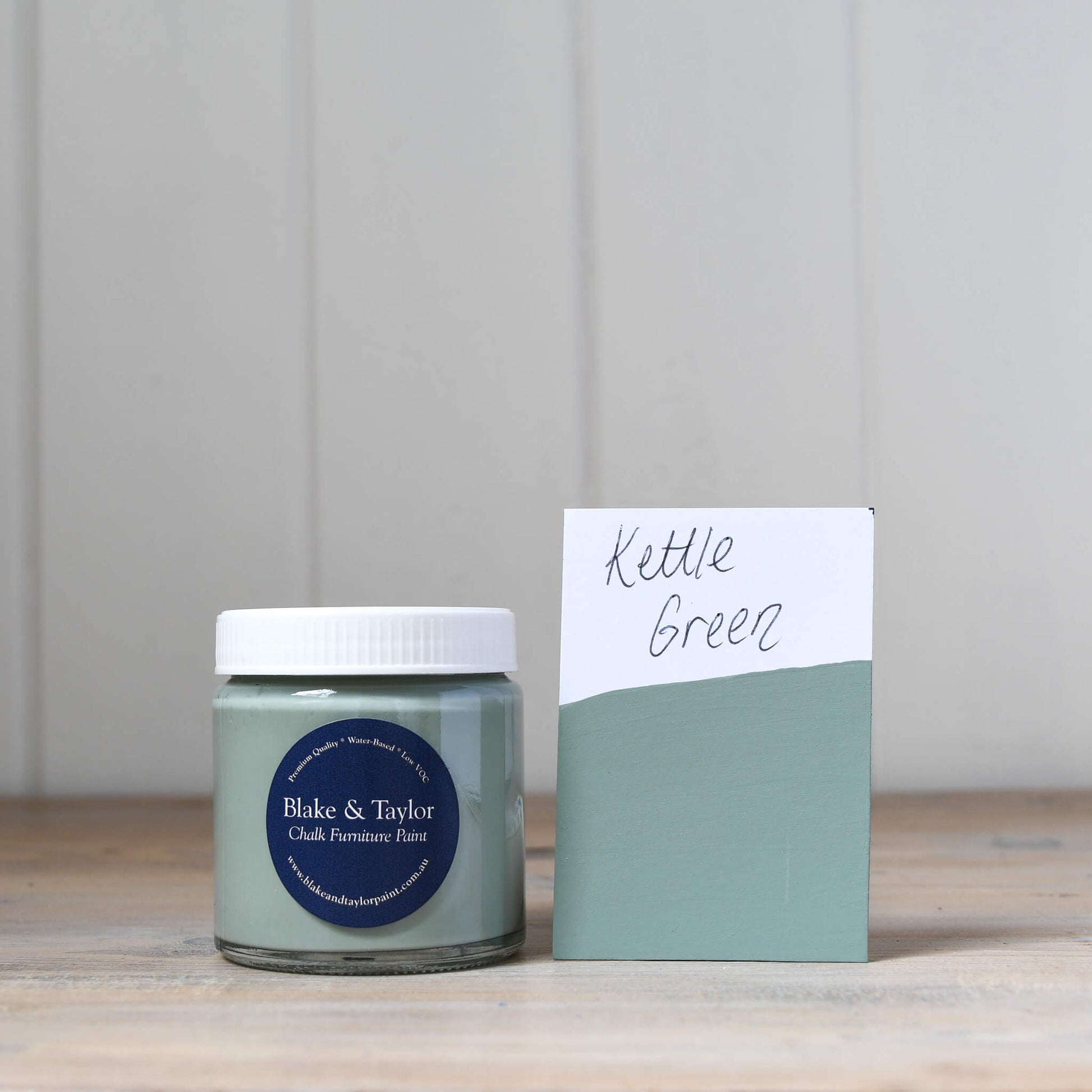 120ml pot of Kettle Green Blake & Taylor Chalk Furniture Paint and matching swatch