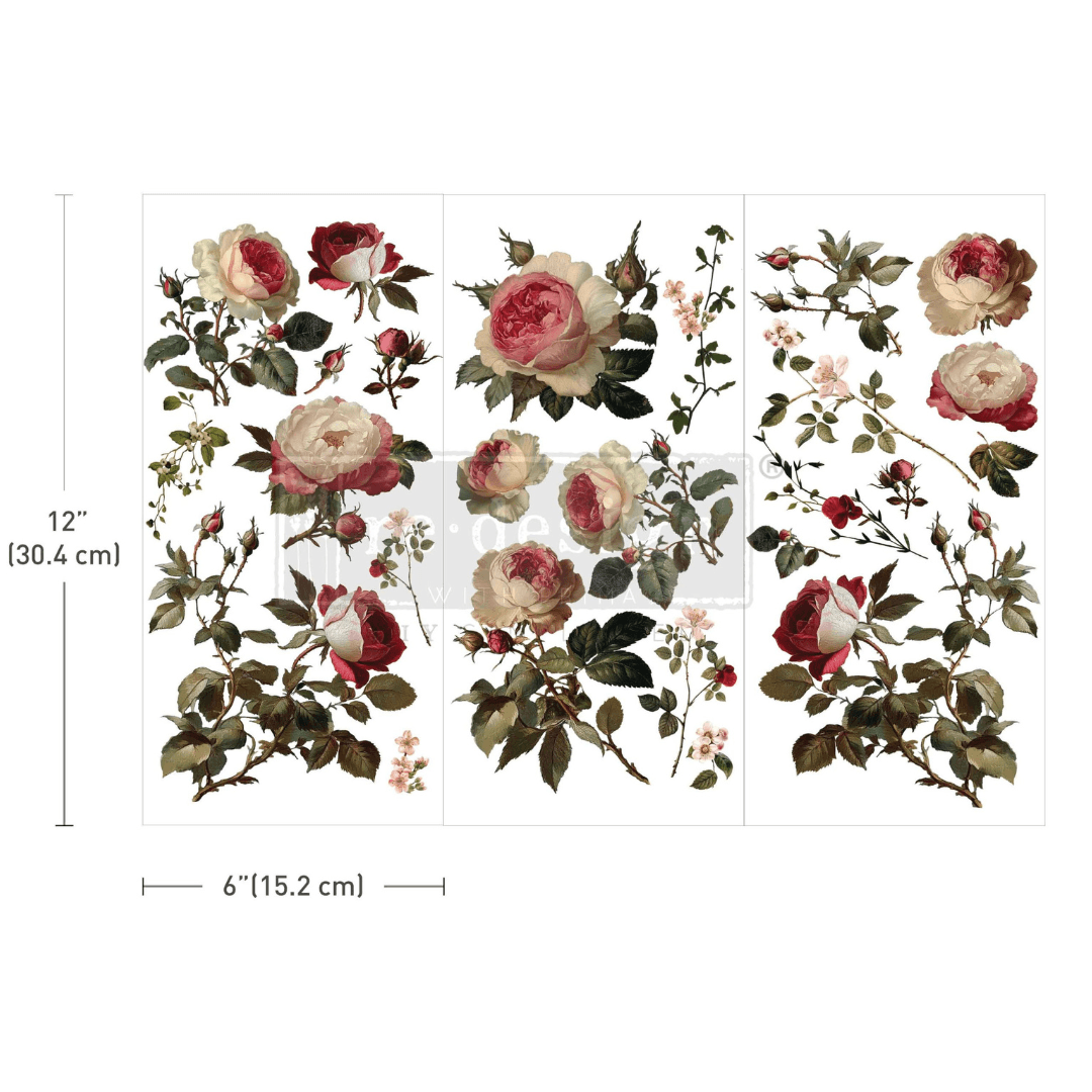 Set of floral wall stickers with measurements on a white background