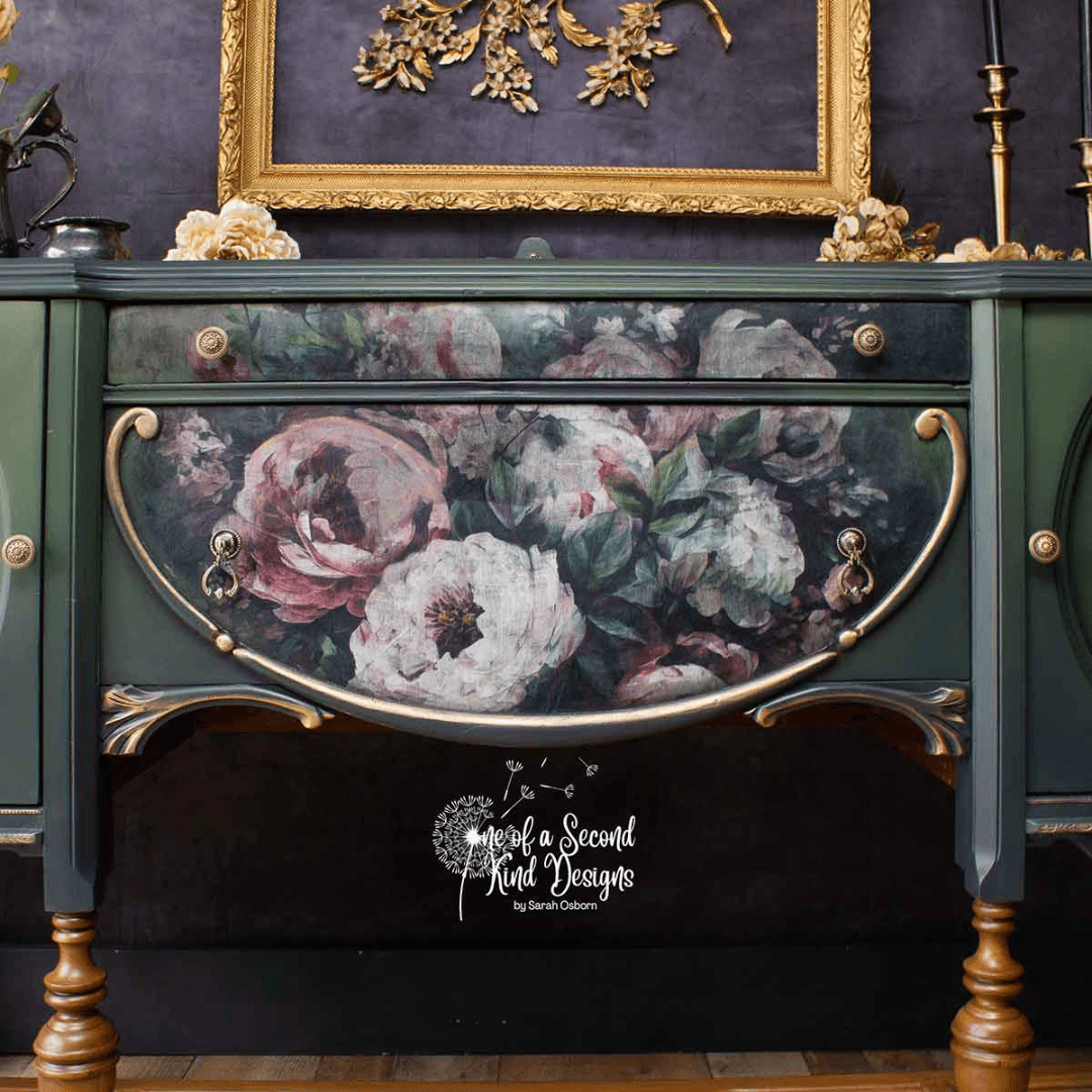 dark green cabinet with Decoupage paper with bouquet of roses