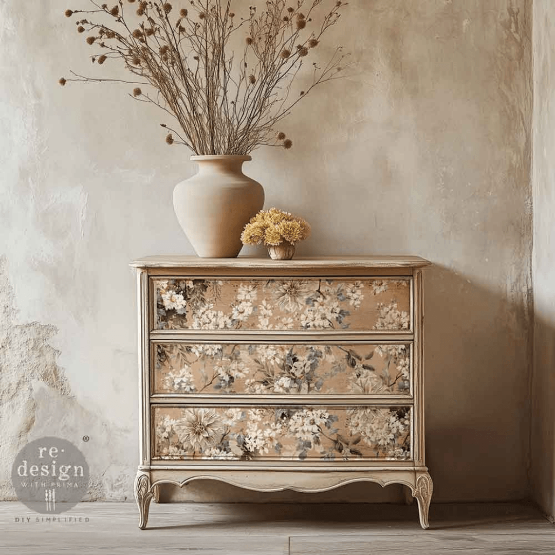 Chest of drawers decorated with decoupage with cream and beige florals