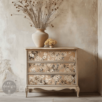 Chest of drawers decorated with decoupage with cream and beige florals