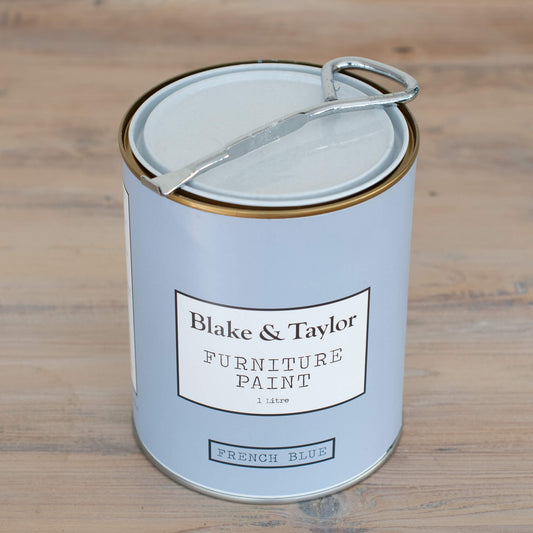 Blake & Taylor Chalk Furniture Paint metal tin opener on top of a tin of paint
