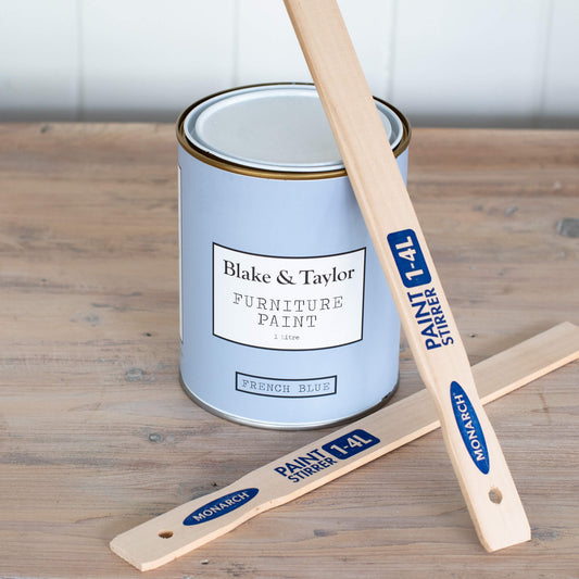 Blake & Taylor Chalk Furniture Paint wooden paint stirrer with a tin of paint