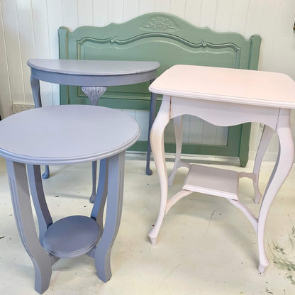 four items of furniture painted with Paint brush, colour swatch and 120ml pot of Steel Grey Blake & Taylor Chalk Furniture Paint colours Pink, Toulouse and Kettle Green