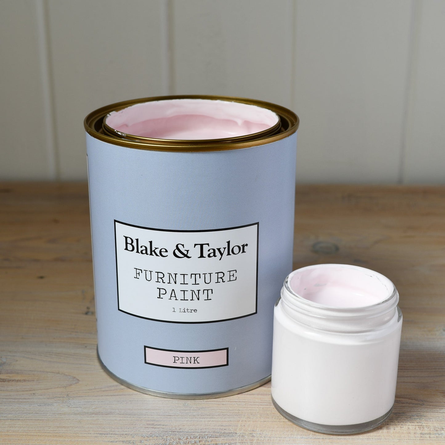 1 litre and 120ml pots of Blake & Taylor Chalk Furniture Paint colour Pink