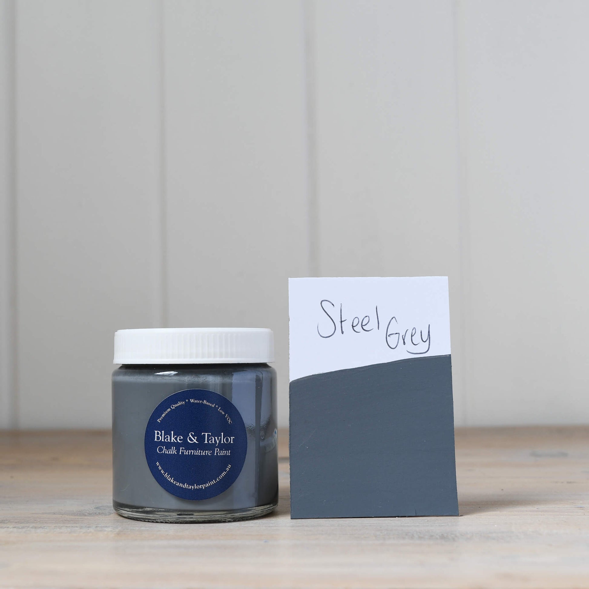 120ml pot of Steel Grey Blake & Taylor Chalk Furniture Paint with matching colour swatch