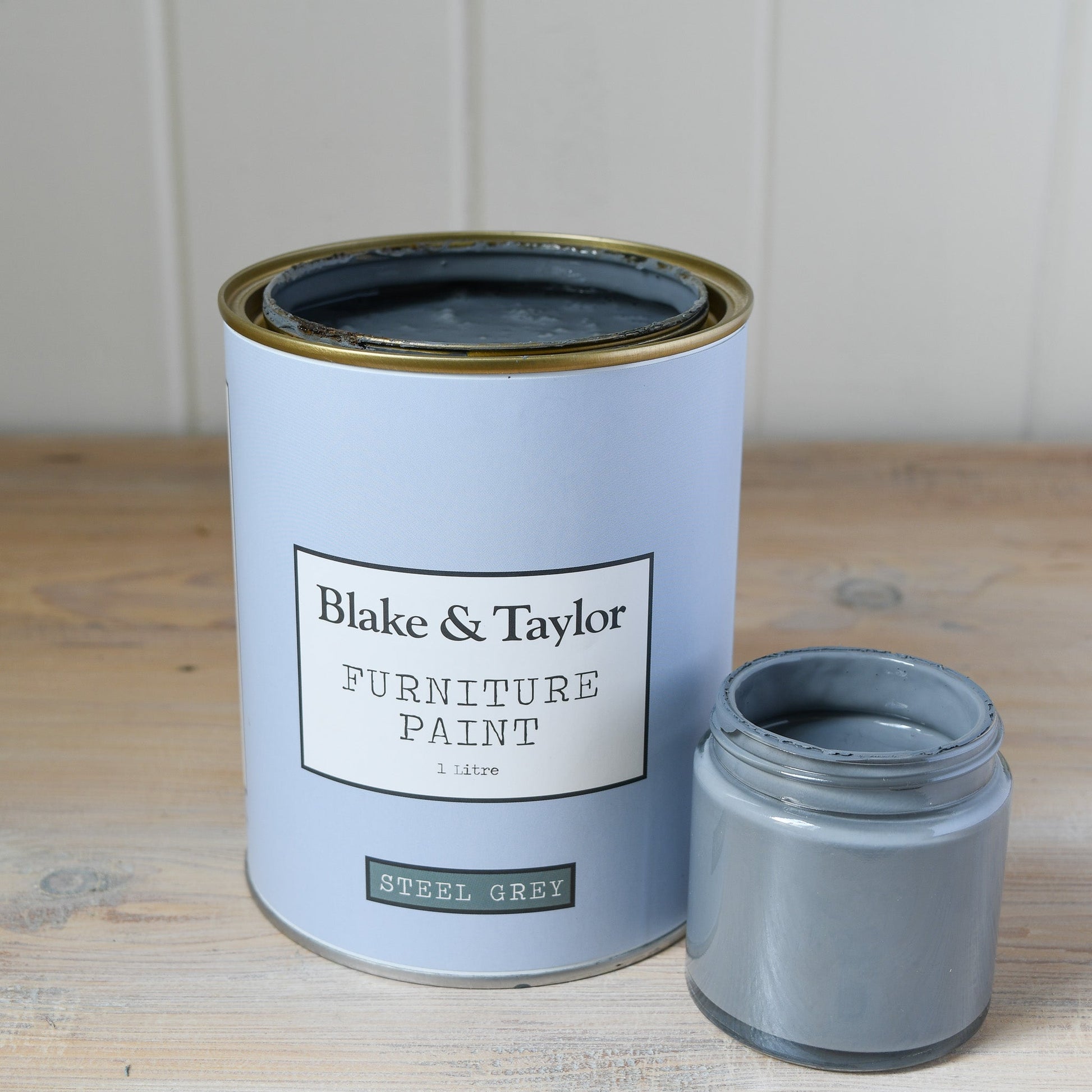 Blake & Taylor Chalk Furniture Paint litre tin and 120ml pot of Steel Grey