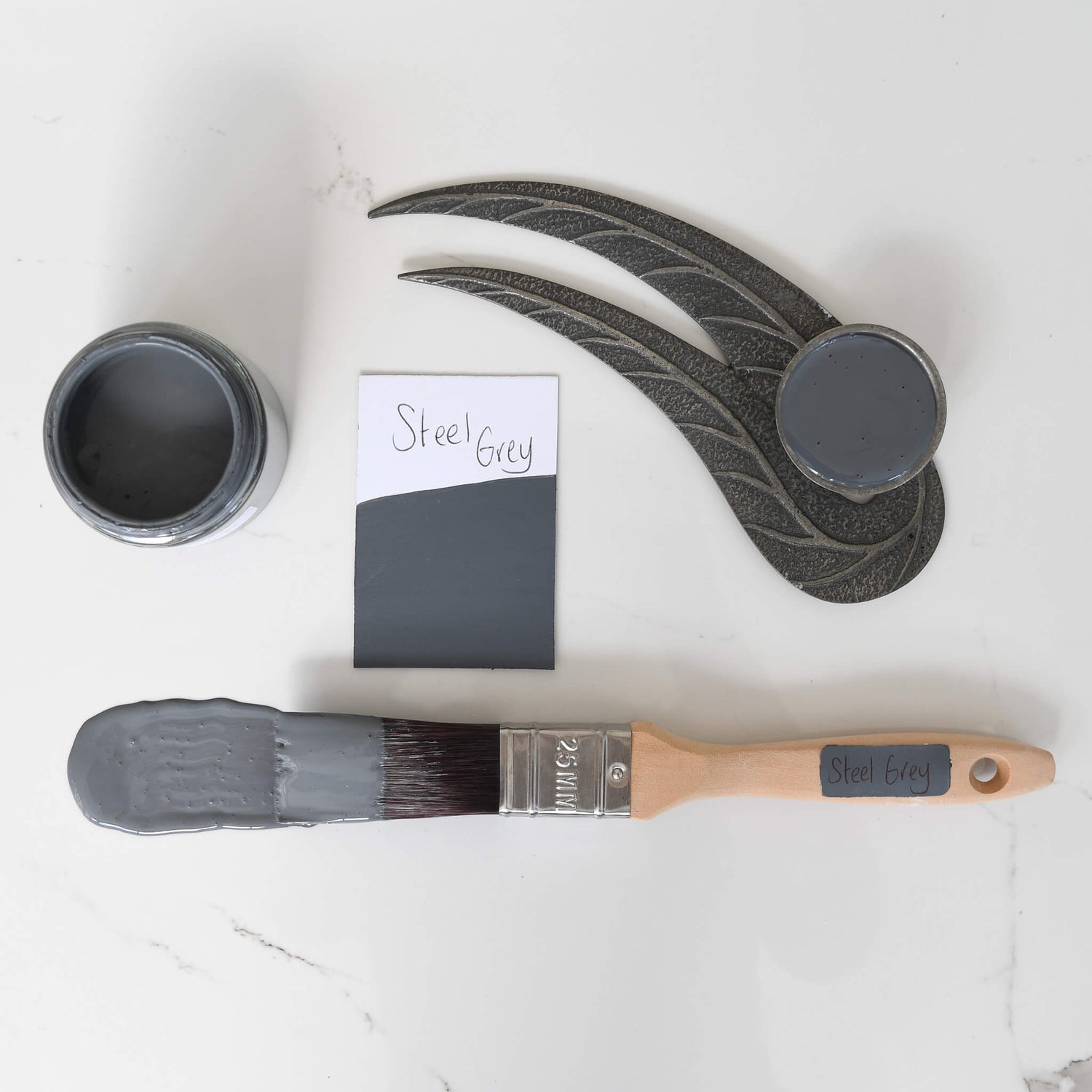 Paint brush, colour swatch and 120ml pot of Steel Grey Blake & Taylor Chalk Furniture Paint