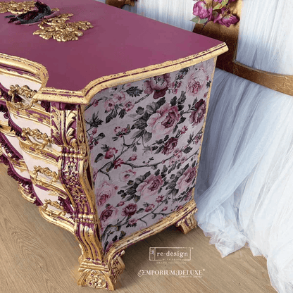 set of drawers with pink roses decoupage paper and gold leaf
