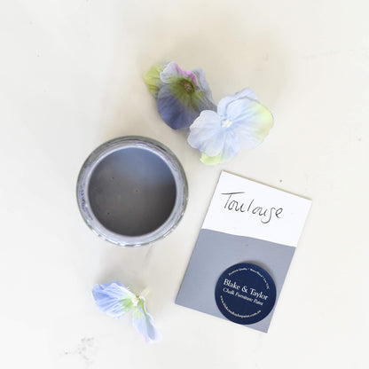 pot of 120ml toulouse Blake & Taylor Chalk Furniture Paint with colour swatch and flowers