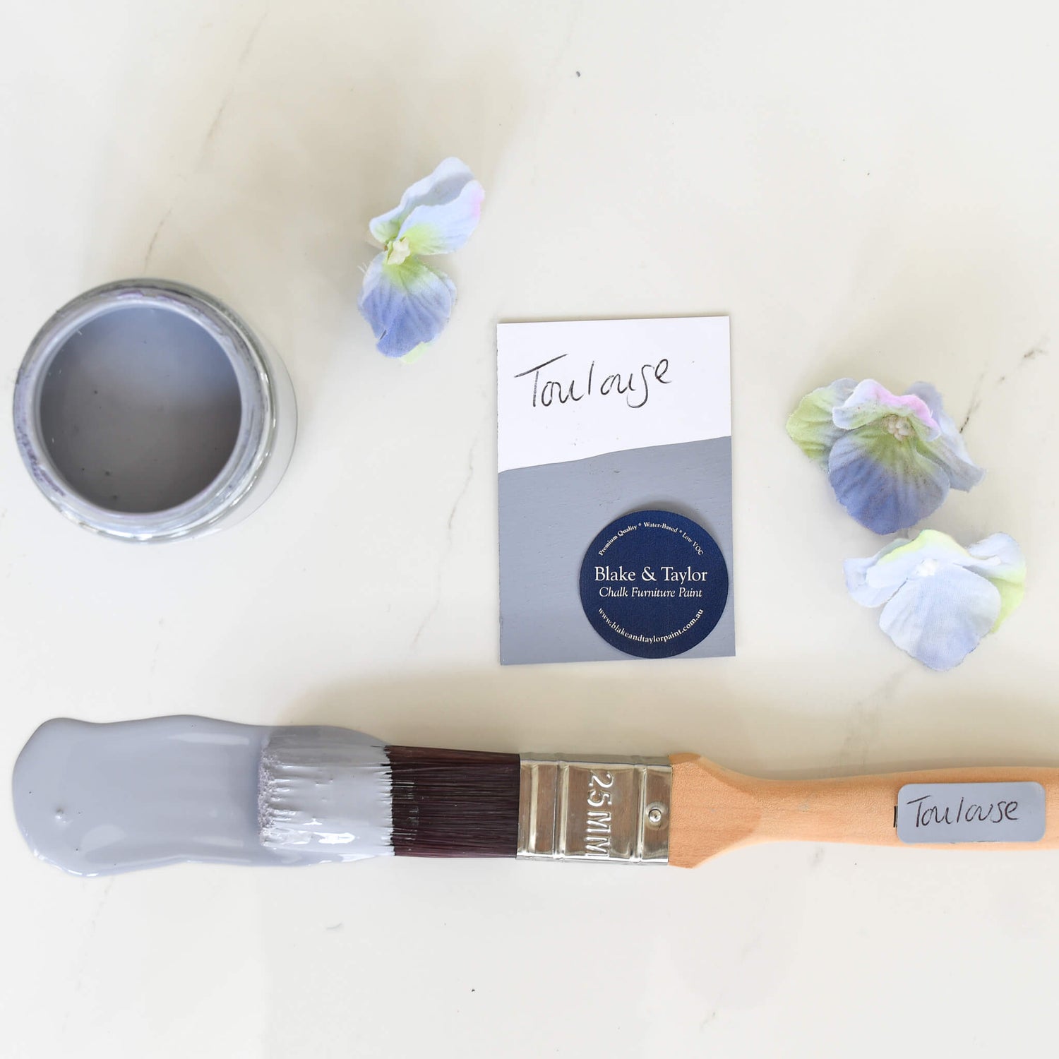 Paint brush, colour swatch and 120ml pot of Tolouse Blake & Taylor Chalk Furniture Paint