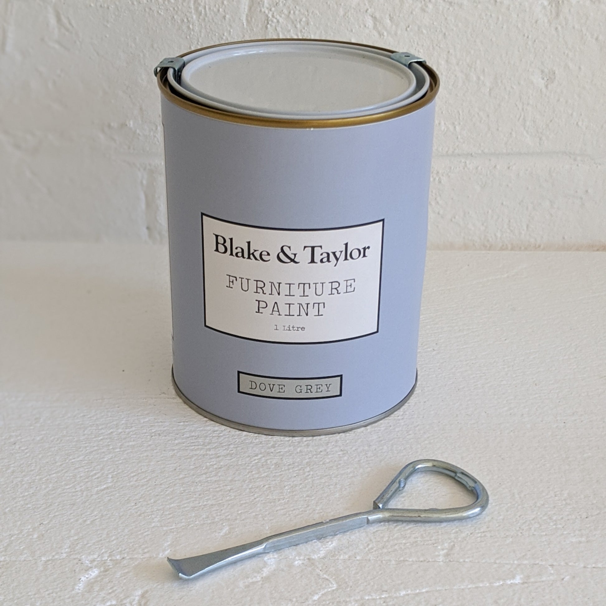 1 litre of Blake & Taylor Chalk Furniture Paint with a metal paint can opener