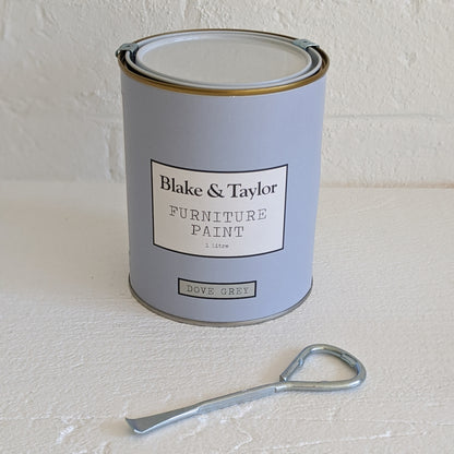 1 litre of Blake & Taylor Chalk Furniture Paint with a metal paint can opener