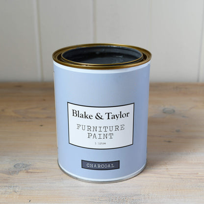 Ti of 1 litre Charcoal Blake & Taylor Chalk Furniture Paint with lid removed