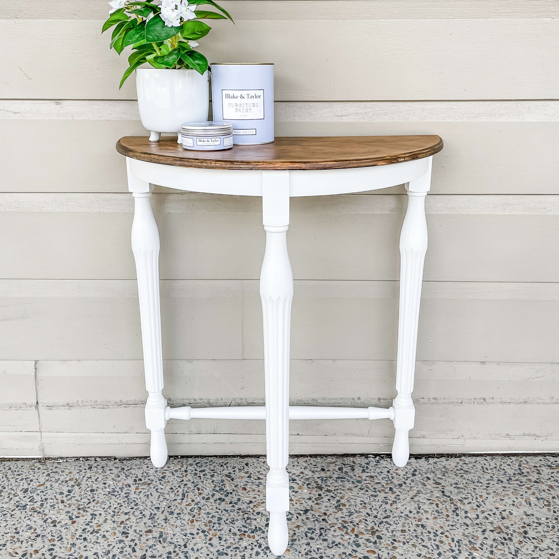 Vintage half moon table painted with Blake & Taylor New White Chalk Furniture Paint