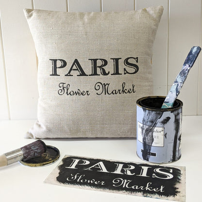 Cushion with Paris stencil painted using Black Blake & Taylor Chalk Furniture Paint