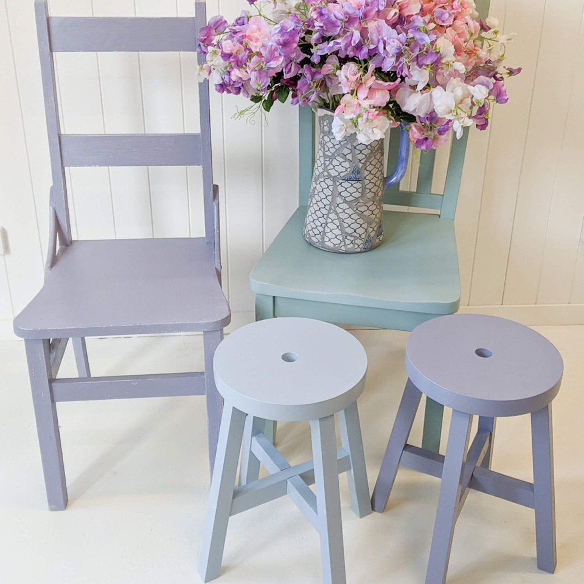 Collection of furniture painted in colours French Blue, Duck and Toulouse Blake & Taylor Chalk Furniture Paint