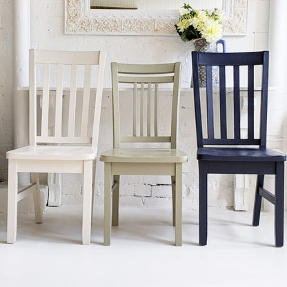 3 timber chairs painted in Blake & Taylor Chalk Furniture Paint colours Hampton, Sage and Inky Navy