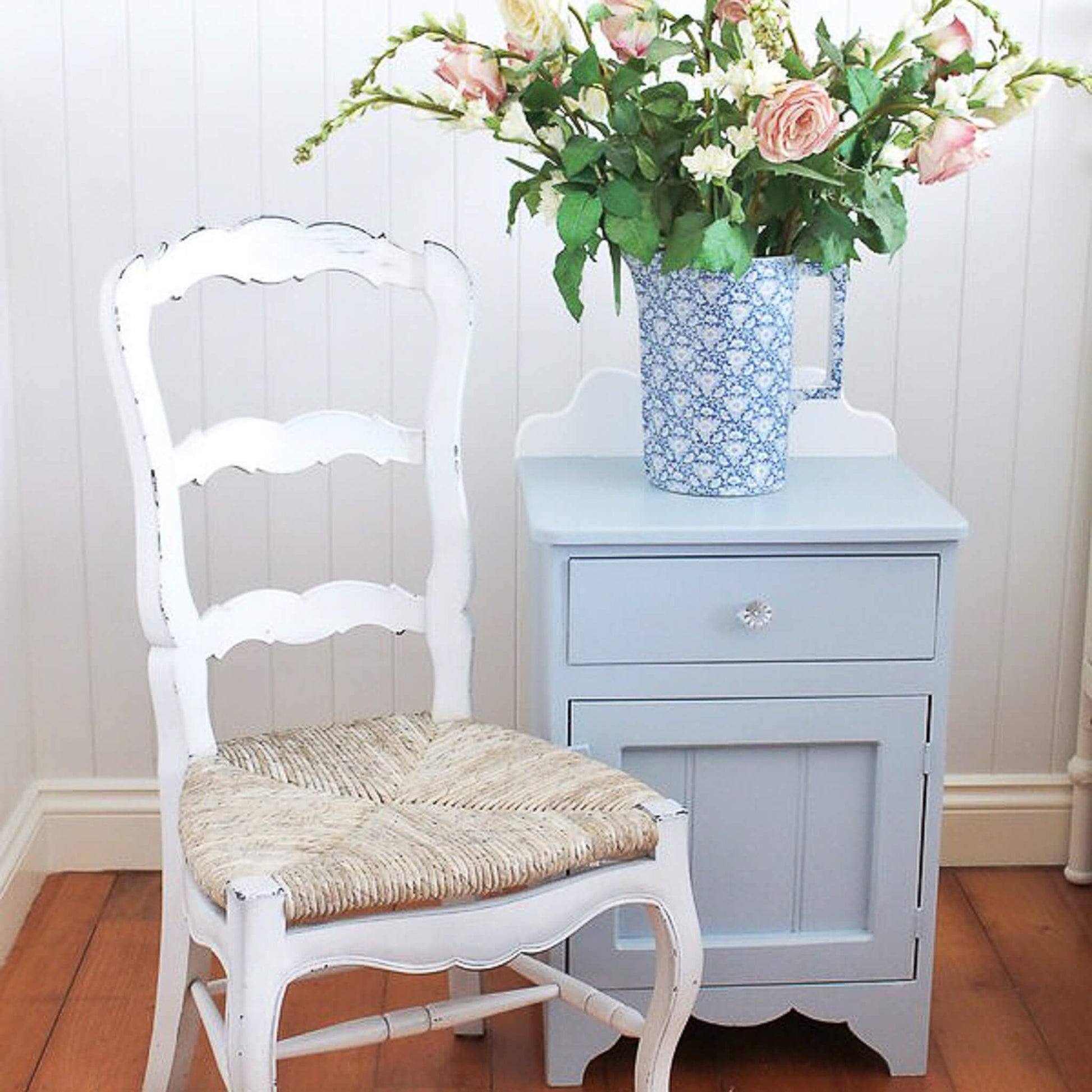Vintage chair and bedside table painted in New White and French Blue Blake & Taylor Chalk Furniture Paint