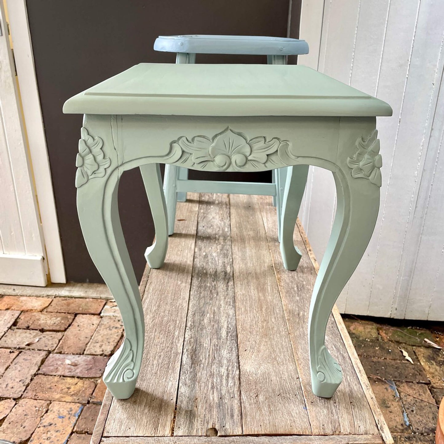 Small carved timber table painted with Blake & Taylor Kettle Green Chalk Furniture Paint