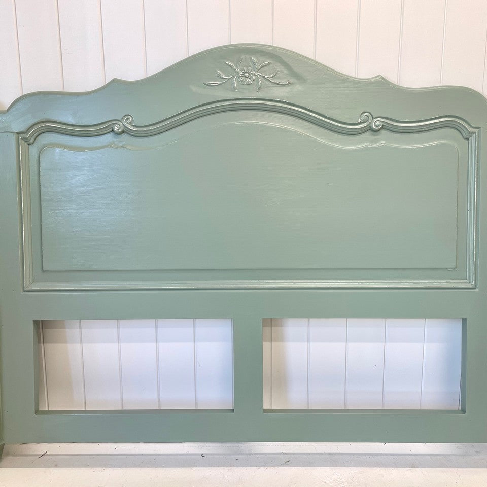 Carved timber bedhead painted with Blake & Taylor Kettle Green  Chalk Furniture Paint