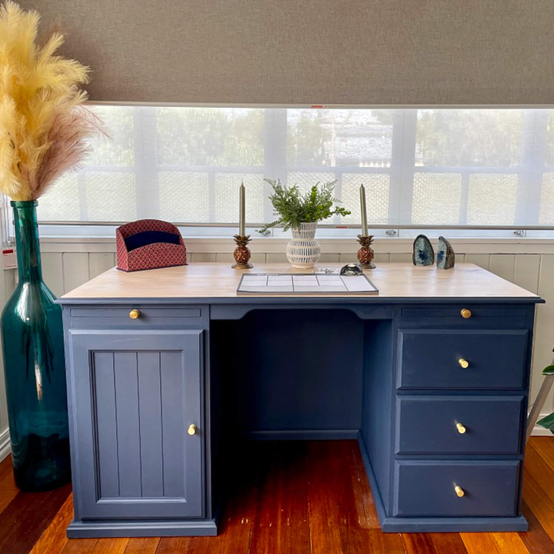 Large timber desk painted with Blake & Taylor Ink Navy Chalk Furniture Paint