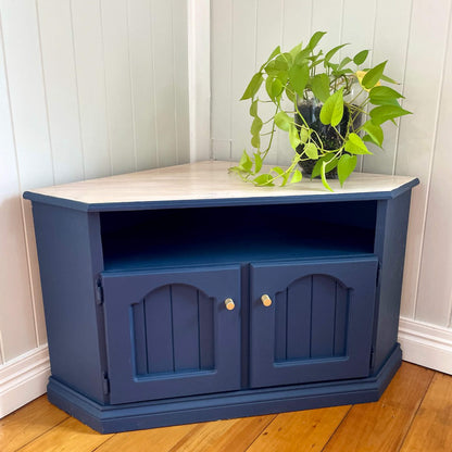 Timber corner unit painted with Blake & Taylor Ink Navy Chalk Furniture Paint
