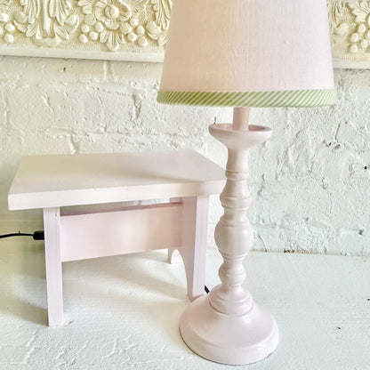 Timber lamp base and timber bench painted with  Blake & Taylor Pink Chalk Furniture Paint