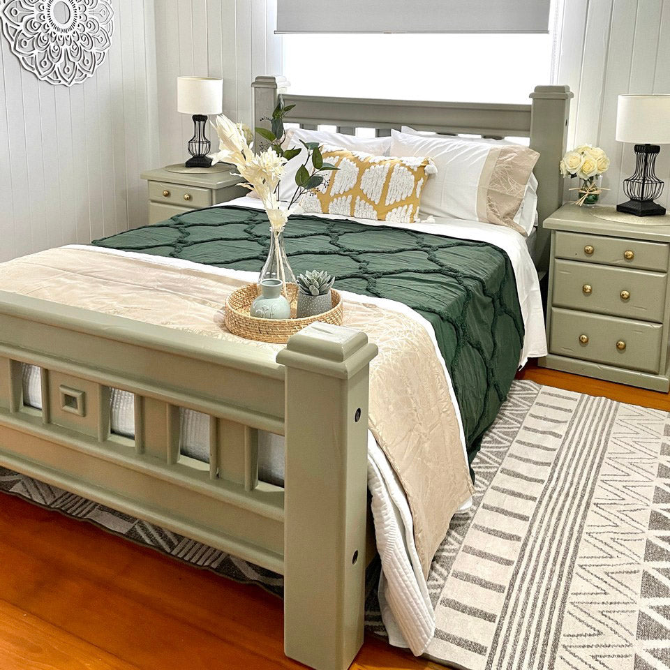 Timber bed frame and bedsides painted with  Blake & Taylor Sage  Chalk Furniture Paint