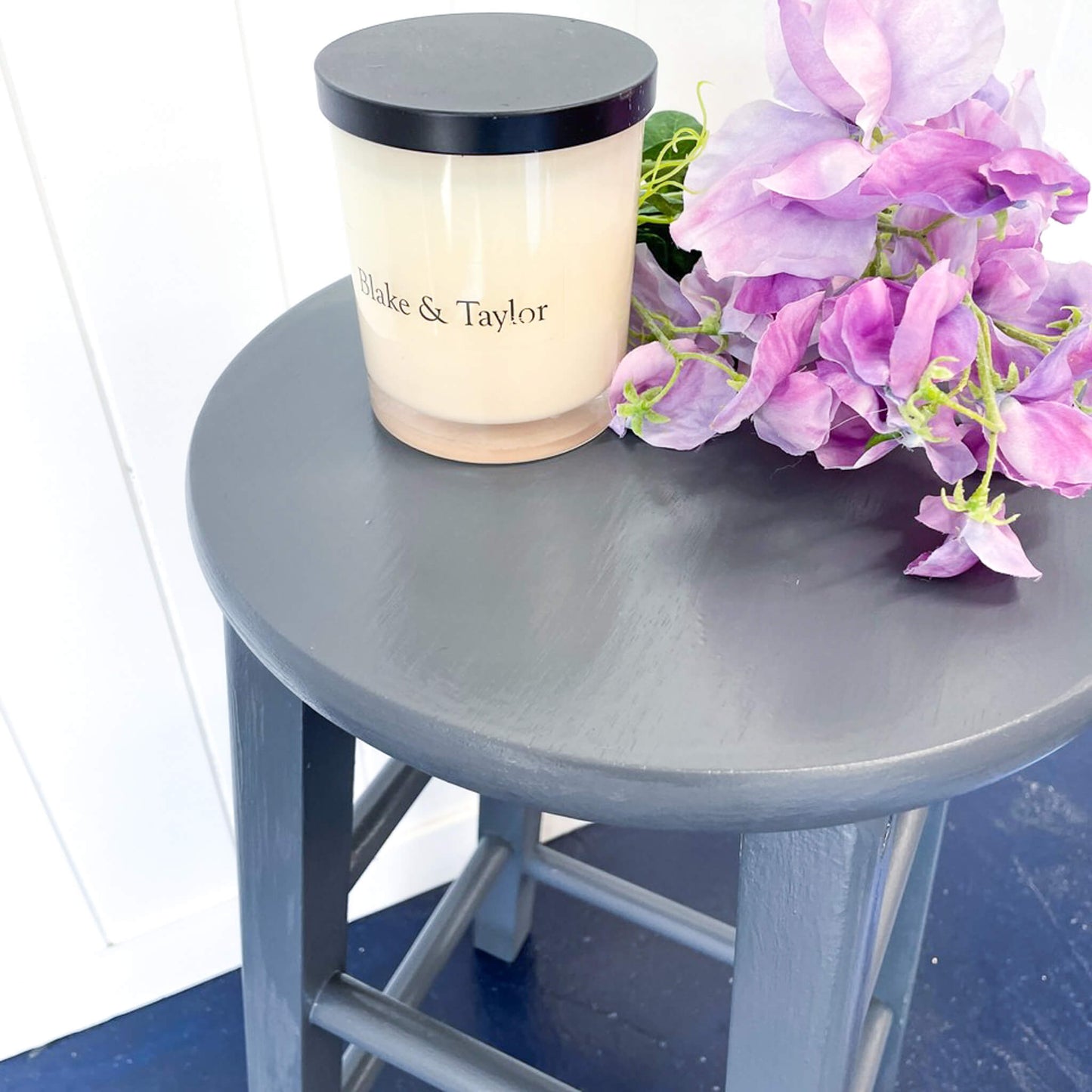 Round timber stool painted with Blake & Taylor Steel Grey Chalk Furniture Paint